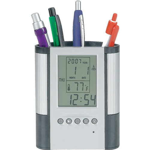 Pen Cup with Digital Alarm Clock and Thermometer