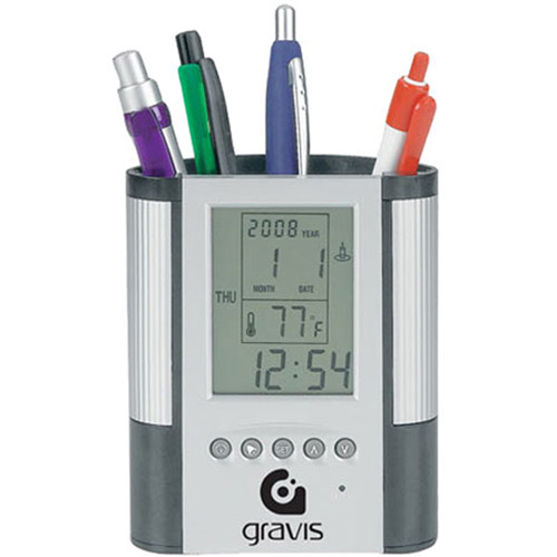 Pen Cup with Digital Alarm Clock and Thermometer